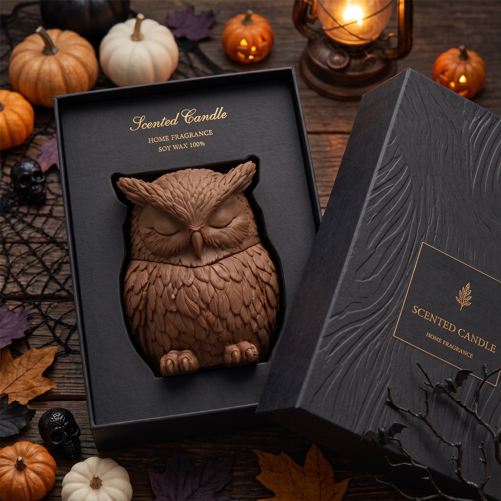 Owl candle jar finished piece packed inside premium gift box with pumpkin Halloween decor surroundings - Boowan Nicole