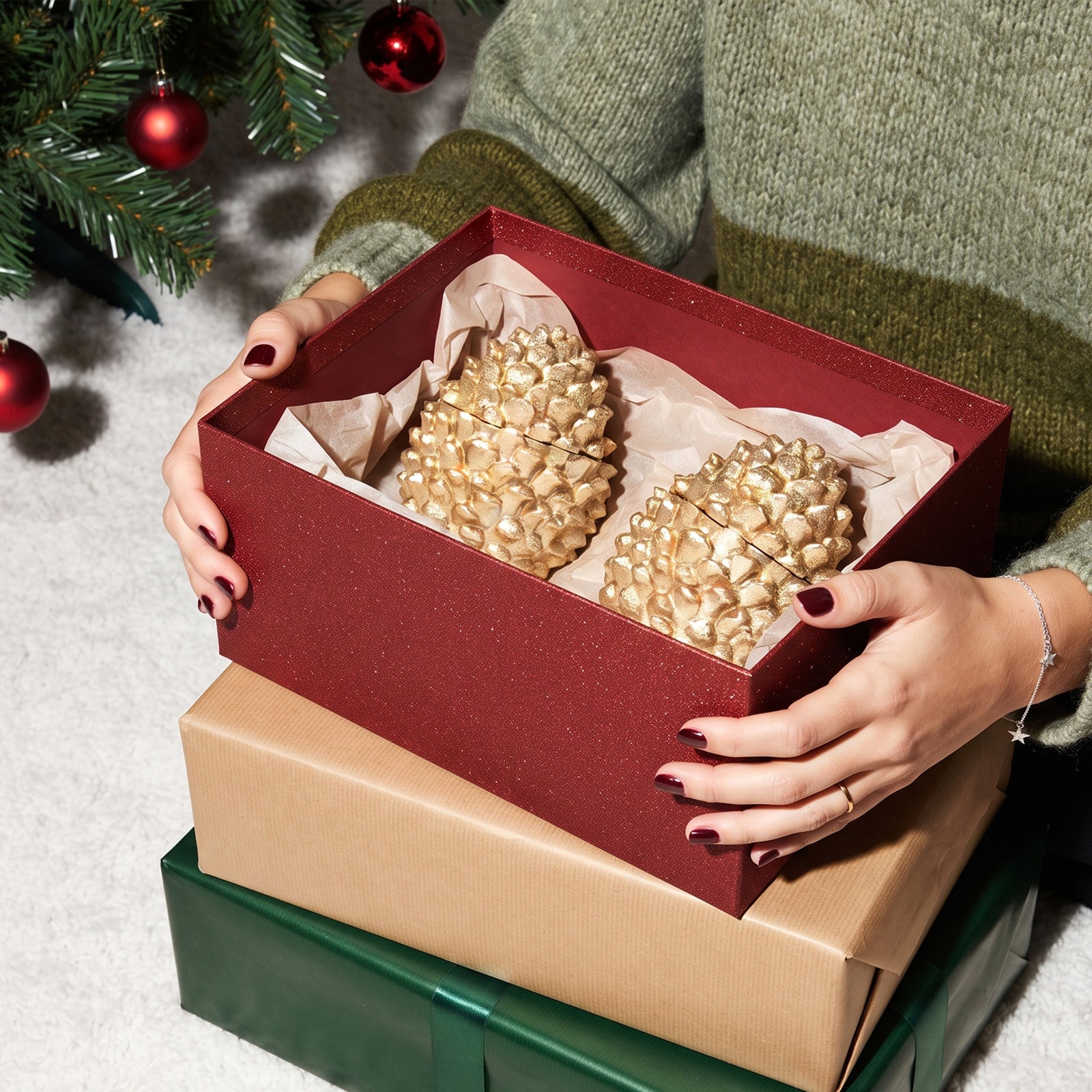 Two gold Little Woodland Pinecone candle jars packed inside red glitter gift box, Christmas home holiday gift photography - Boowan Nicole