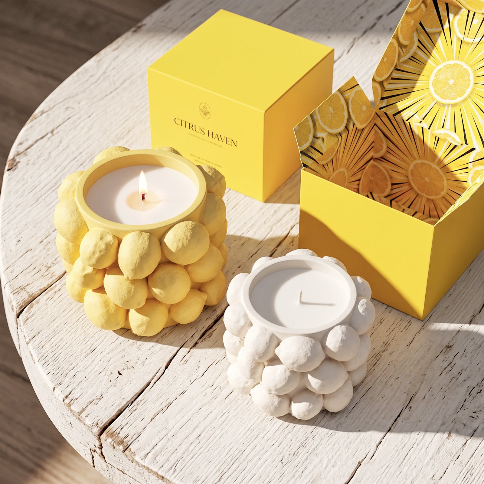 Yellow and white Lemon Drops candle jars paired with custom gift packaging boxes on wooden table - Boowan Nicole