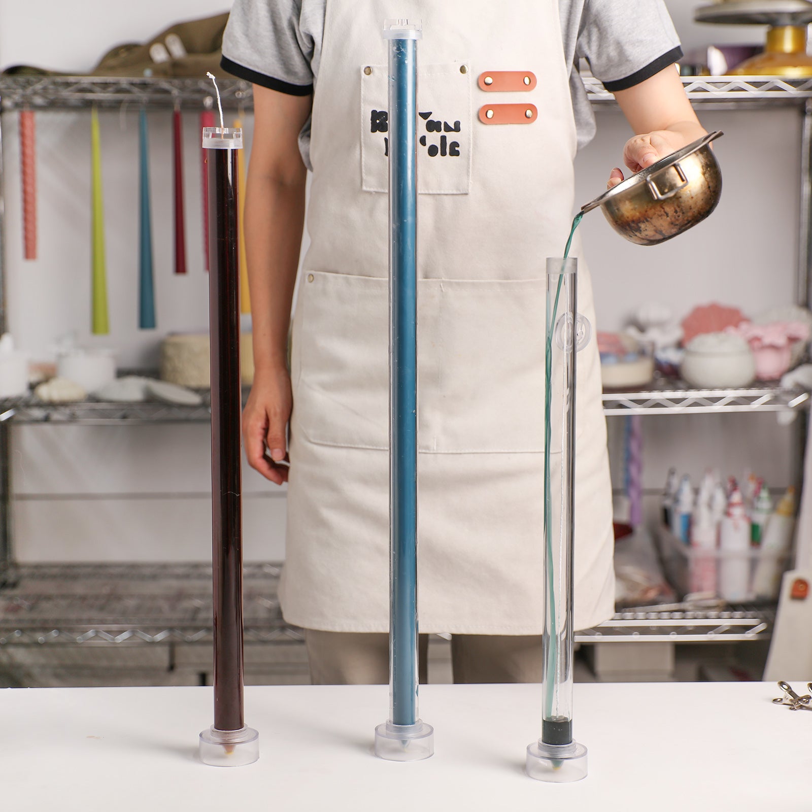 Pouring Melted Wax into Tall Slim Acrylic Candle Molds - Boowan Nicole