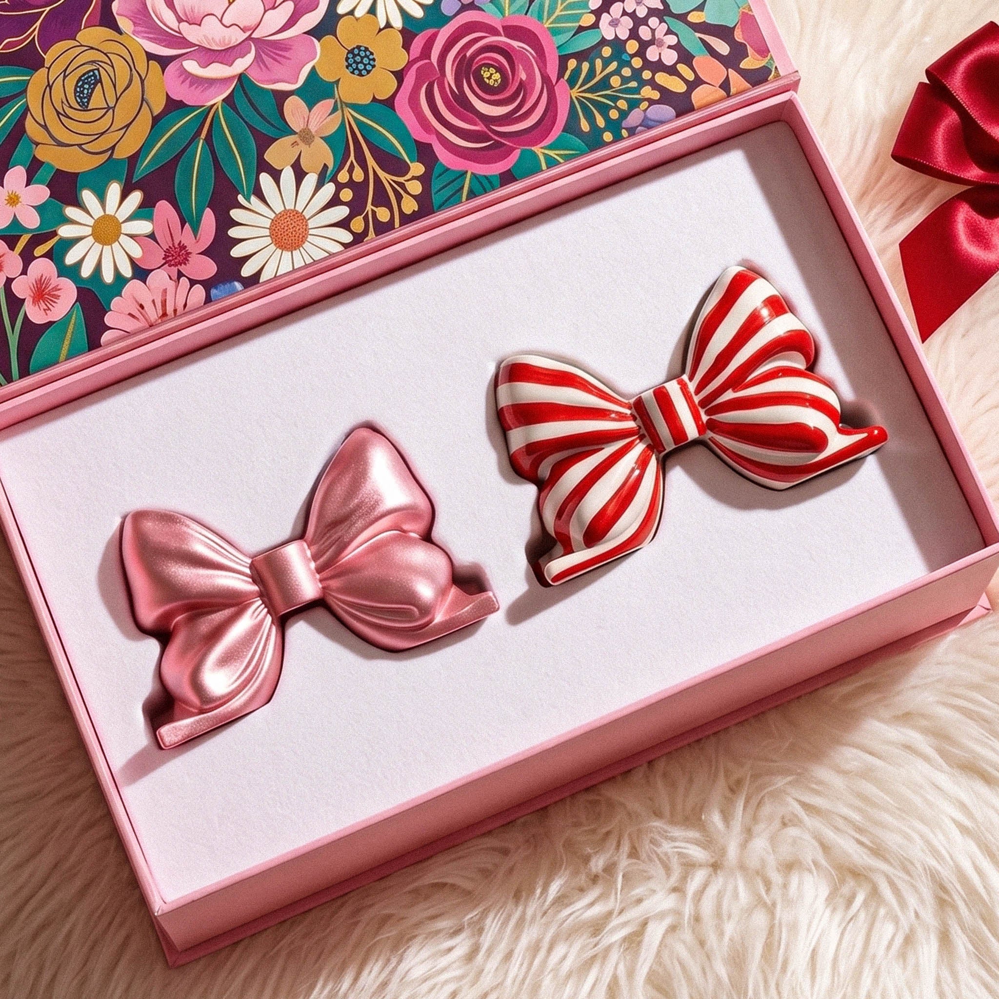 Metallic pink and candy stripe bow candle holders displayed inside floral gift box - Boowan Nicole