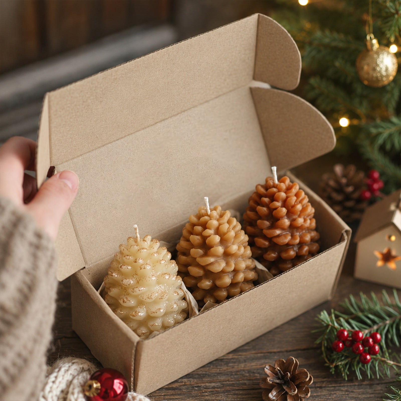 Kraft gift box set with three assorted tone winter pinecone candles rustic Christmas holiday gift flat lay - Boowan Nicole