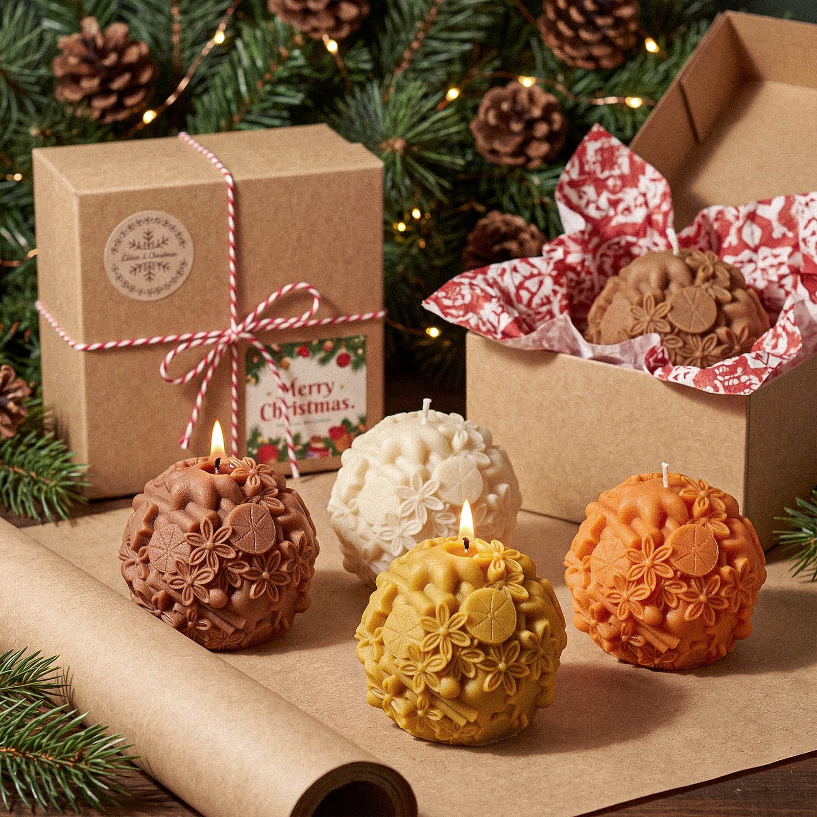 Multi‑colored spherical candle collection shown with Christmas kraft gift boxes and festive pine branches - Boowan Nicole