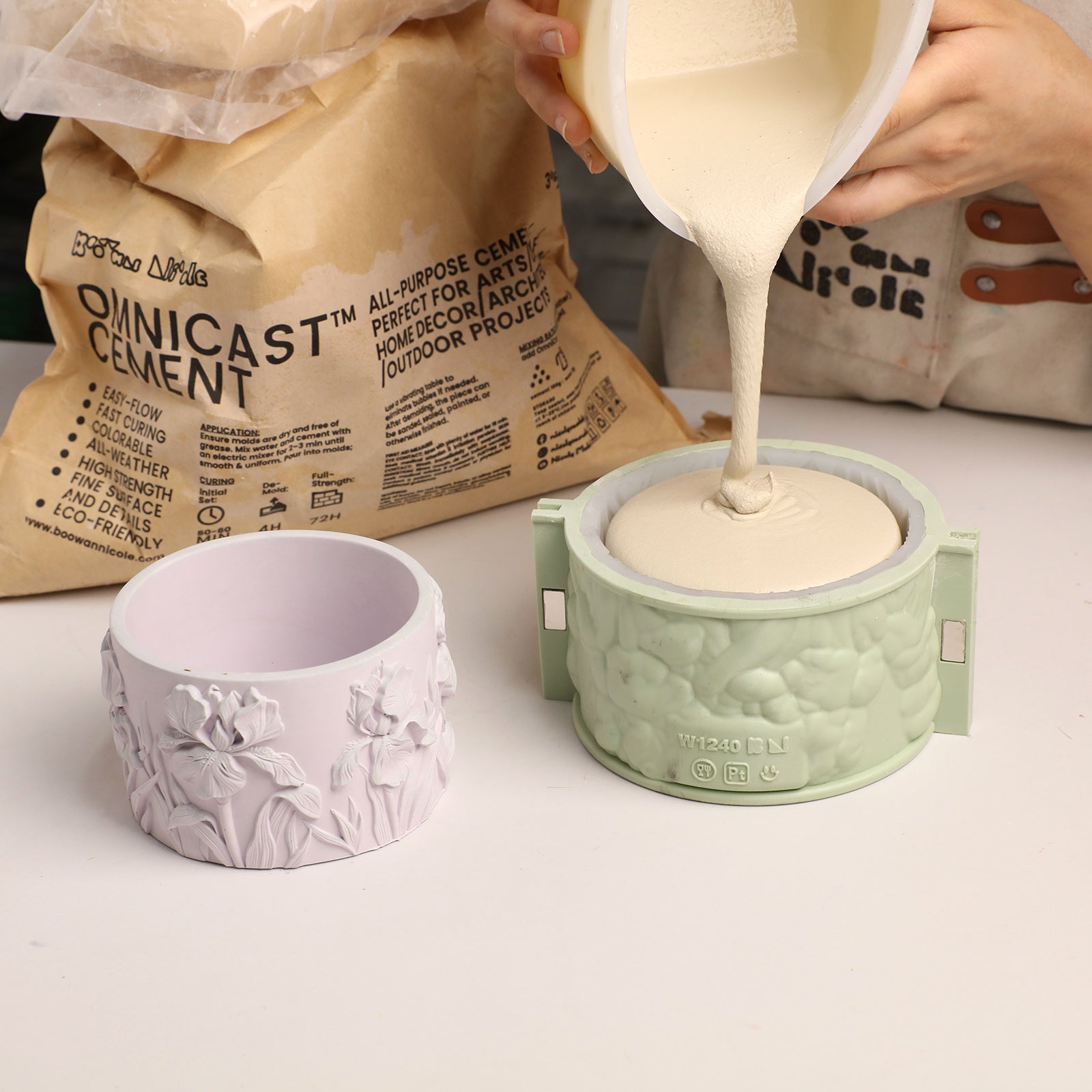 Iris Embossed Candle Jar Silicone Mold, pouring cement into mold with finished purple candle jar - Boowan Nicole