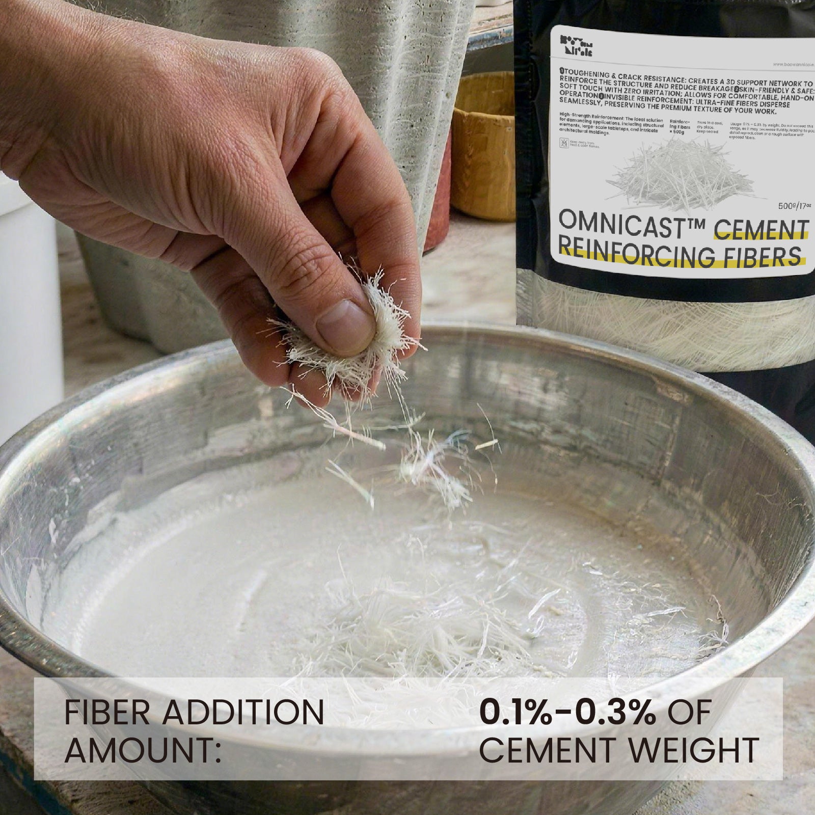 Adding Omnicast Cement Reinforcing Fibers to Cement Mix - Boowan Nicole