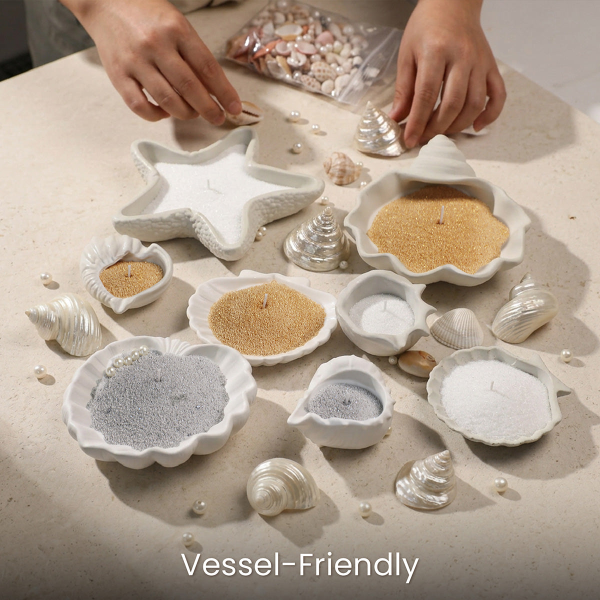 Vessel-Friendly Pearl Sand Wax - DIY Sand Candles in Seashell & Starfish Dishes - Boowan Nicole