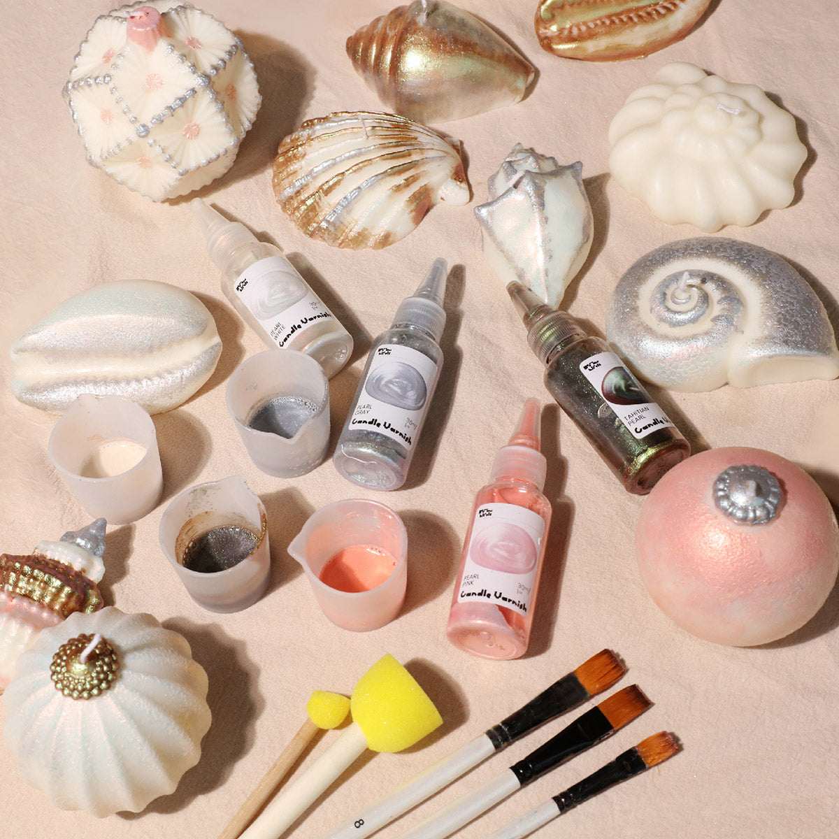 Assorted Pearl Candle Varnish Bottles, Mixing Cups and Finished Iridescent Shell Candles - Boowan Nicole