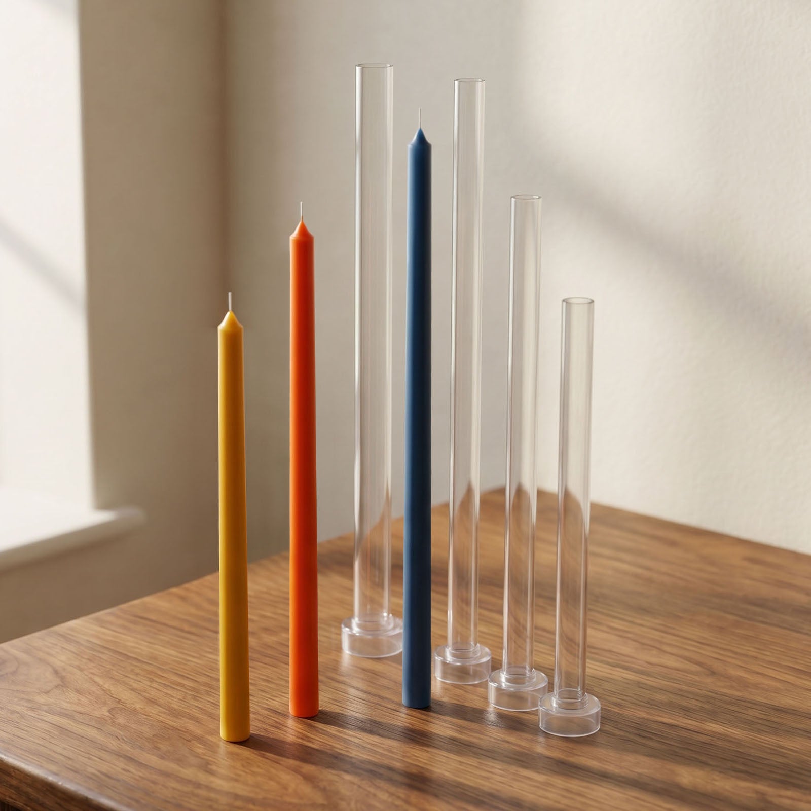 Tall Slim Acrylic Candle Molds and Finished Candles on Wooden Table - Boowan Nicole