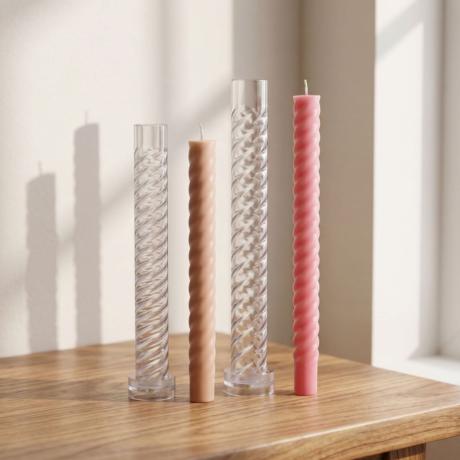 Twist Taper Acrylic Candle Molds and Finished Candles on Wooden Table - Boowan Nicole