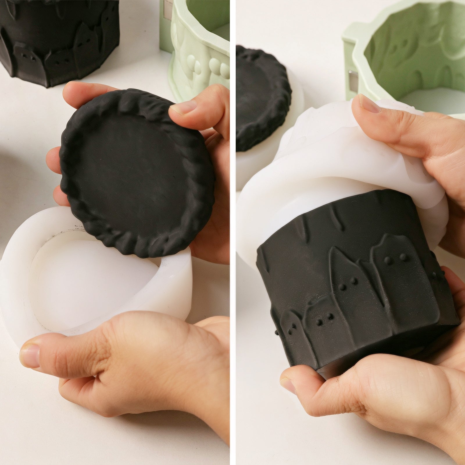 Demolding process showing finished black ghost cake candle jar body and matching lid from silicone molds - Boowan Nicole
