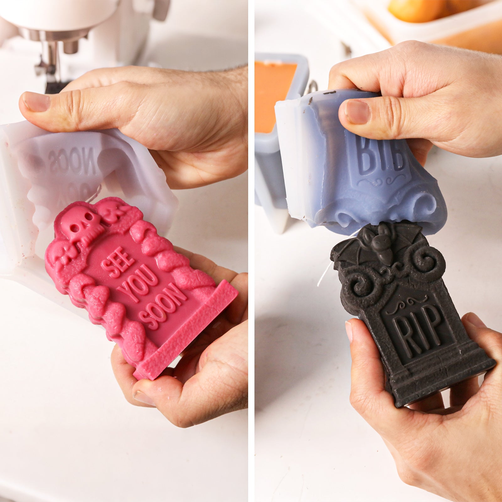 Two-panel handmade collage: demolding pink and black gothic tombstone candle blanks from flexible silicone molds DIY craft process - Boowan Nicole