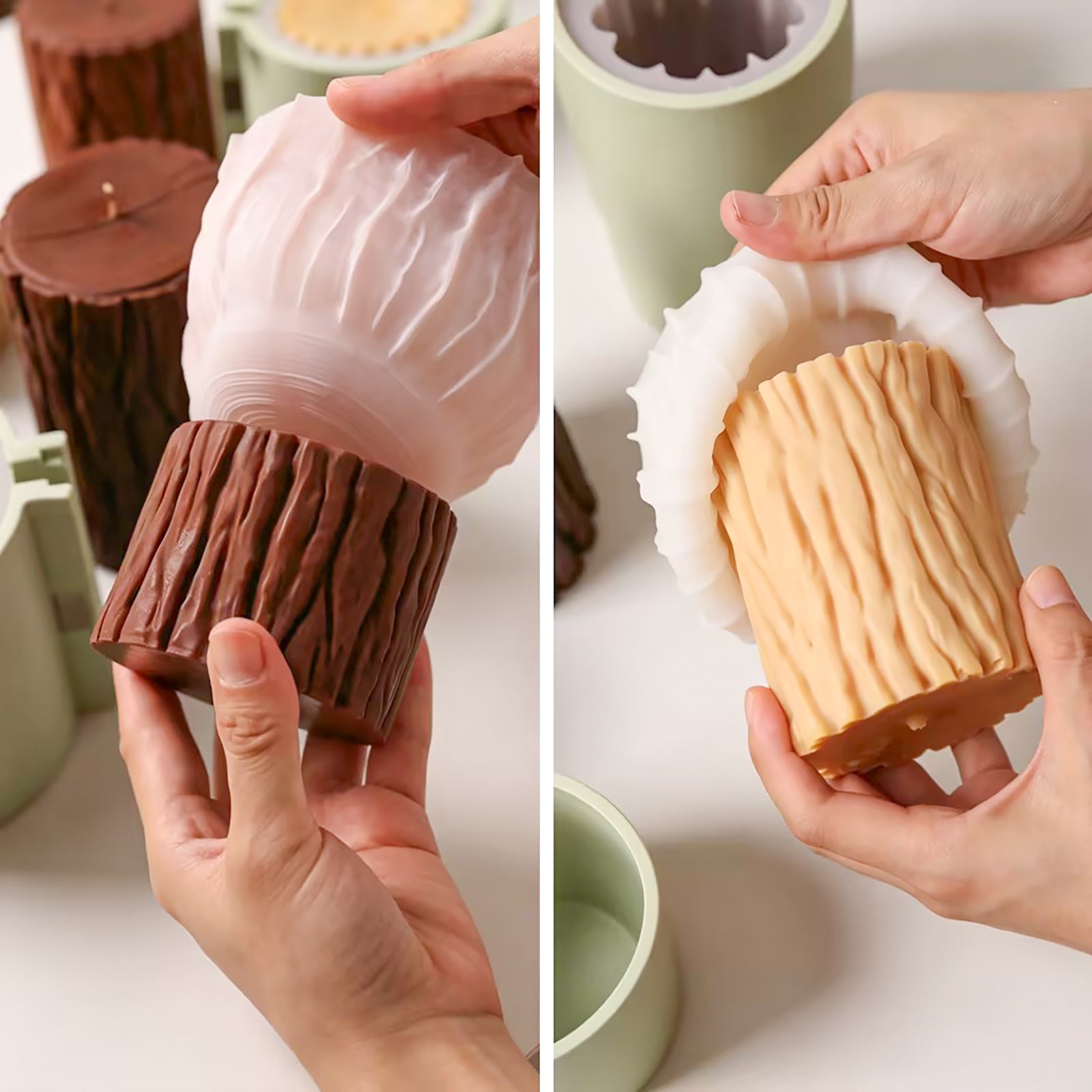 Split demolding shot showing brown and beige tree stump pillar candles being released from flexible silicone molds, detailed bark surface - Boowan Nicole
