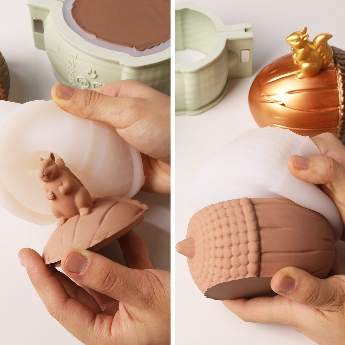 Split view: demolding squirrel figurine and nut candle lid from white silicone molds, handmade nut candle craft demo - Boowan Nicole