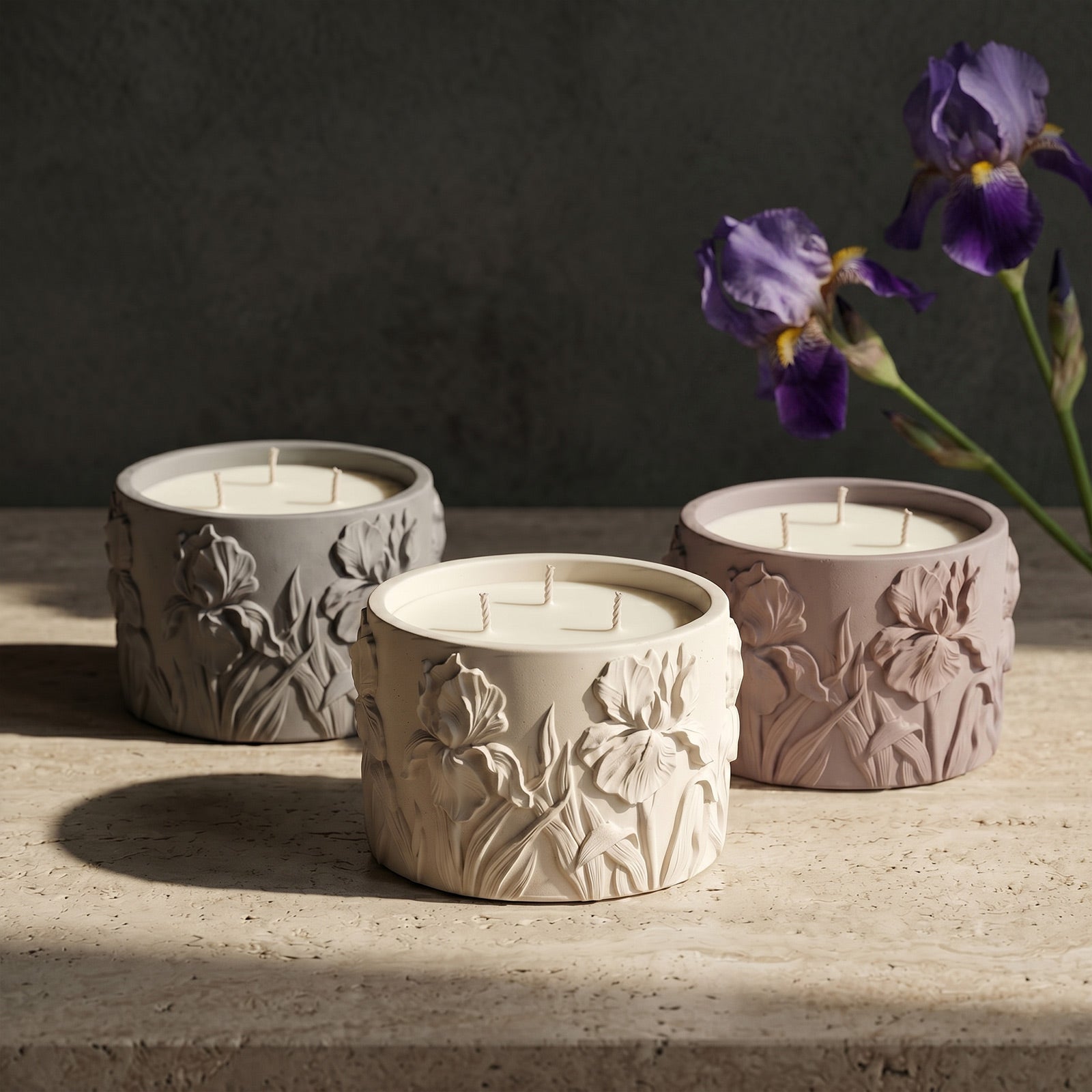 Iris Embossed Candle Jar Silicone Mold, finished candle jars in multiple colors on neutral background with iris - Boowan Nicole