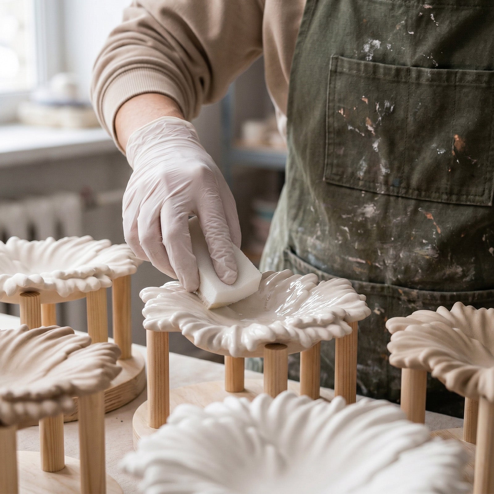 Artisan glazing finished Ocean Wave Serenity Trays in a workshop - Boowan Nicole