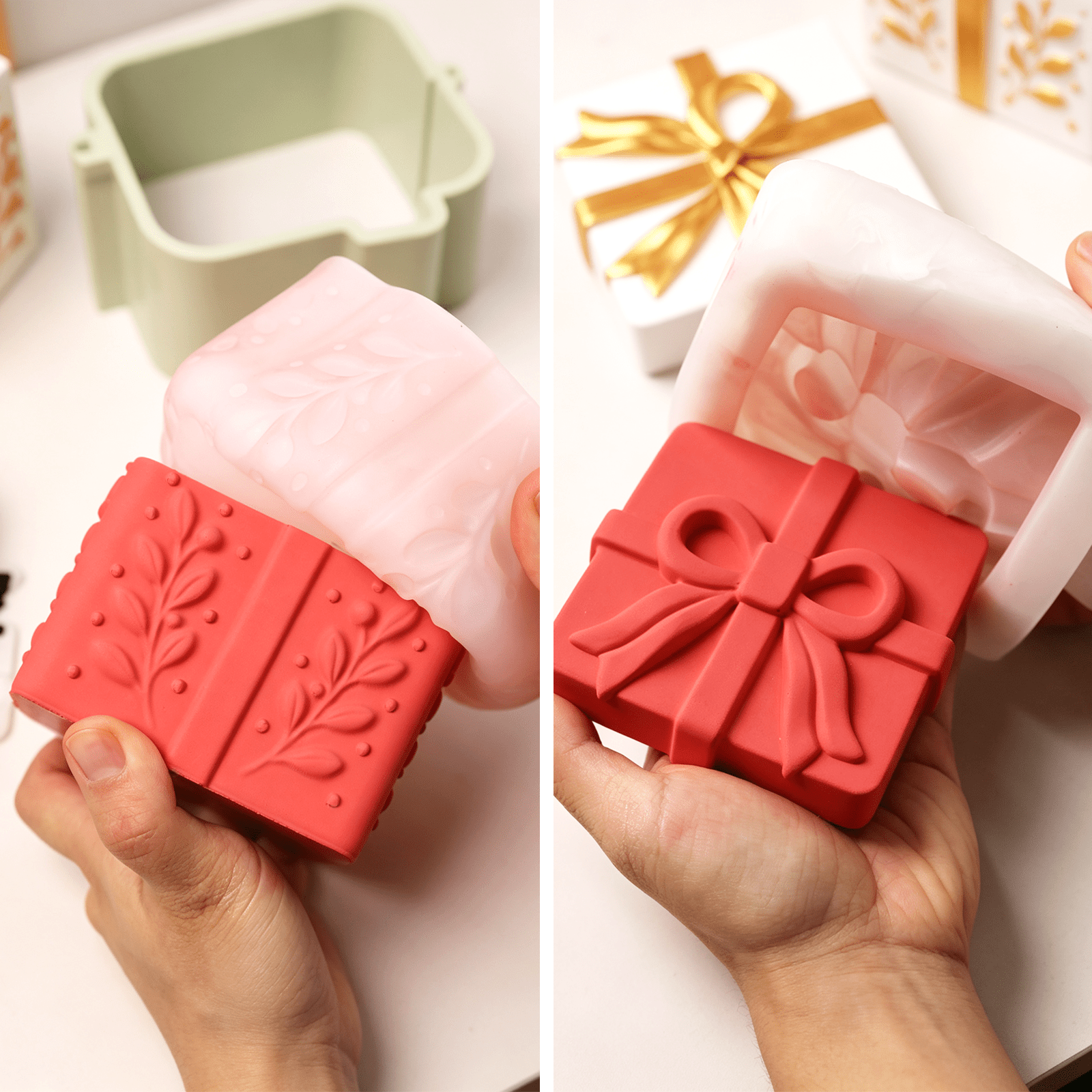 Split‑view demolding demonstration, removing cured red Holiday Gift Box Candle Jar casts from silicone mold cavity - Boowan Nicole