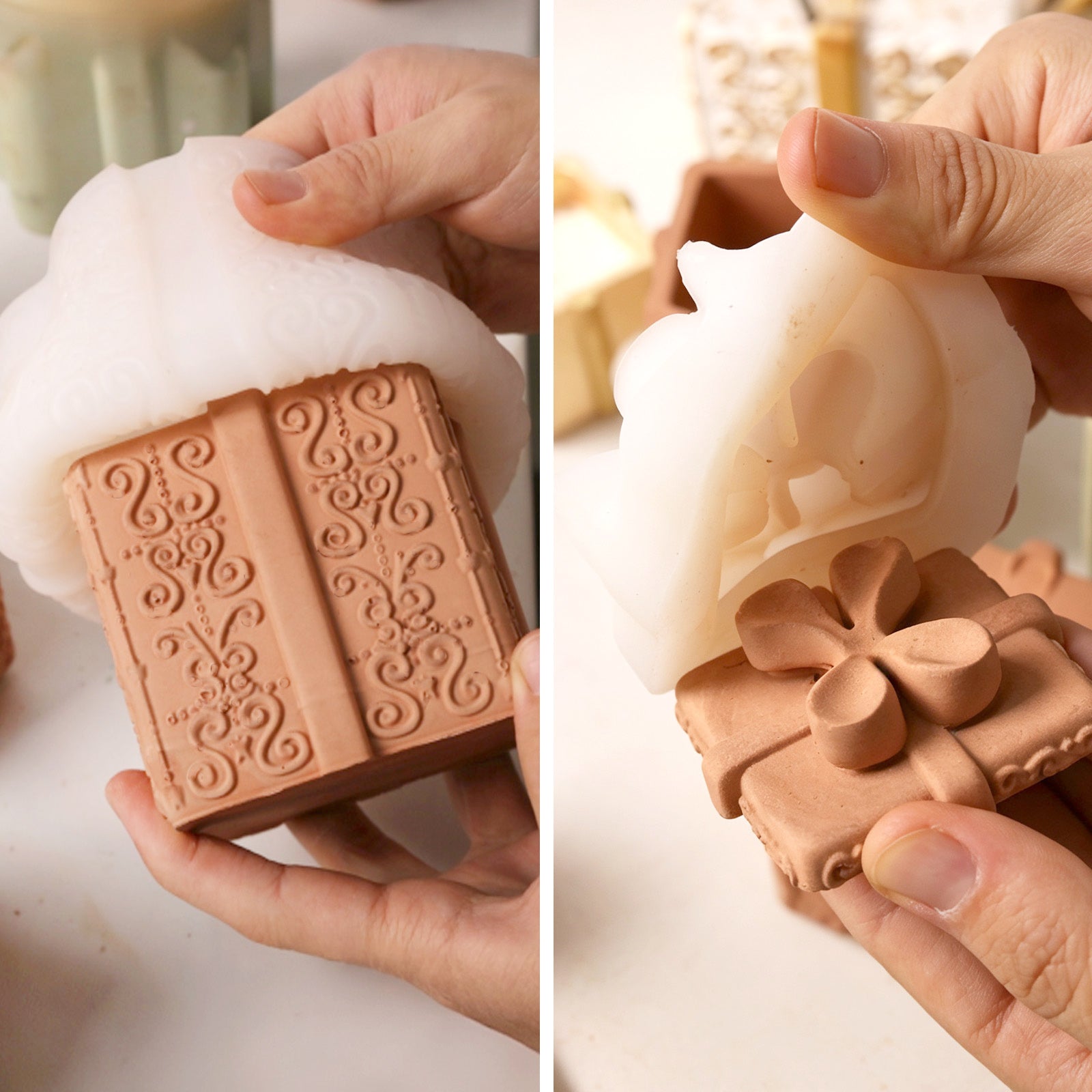 Easy demolding of embossed gift box candle containers from flexible silicone molds - Boowan Nicole