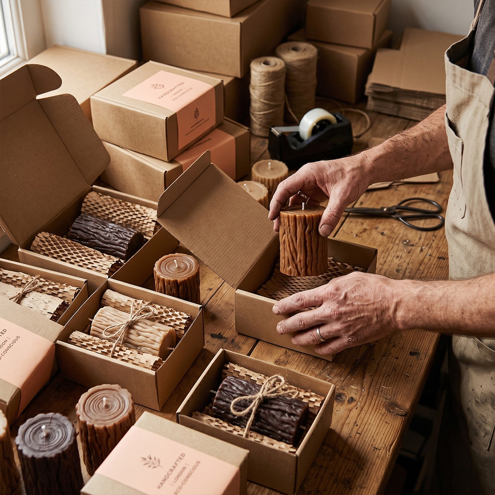 Artisan packing handmade tree stump pillar candle into kraft gift boxes inside candle workshop, small batch packaging scene - Boowan Nicole