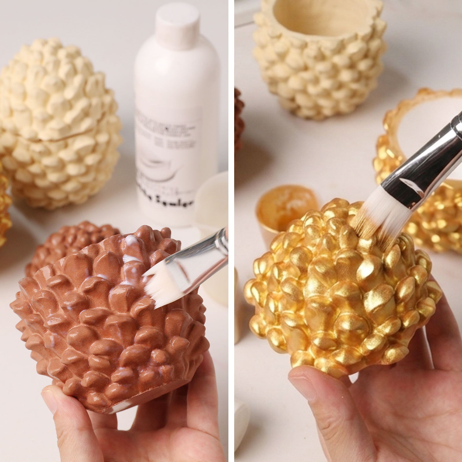 Two-panel craft collage: applying sealant and metallic gold paint on Little Woodland Pinecone candle jar blanks DIY finishing process - Boowan Nicole