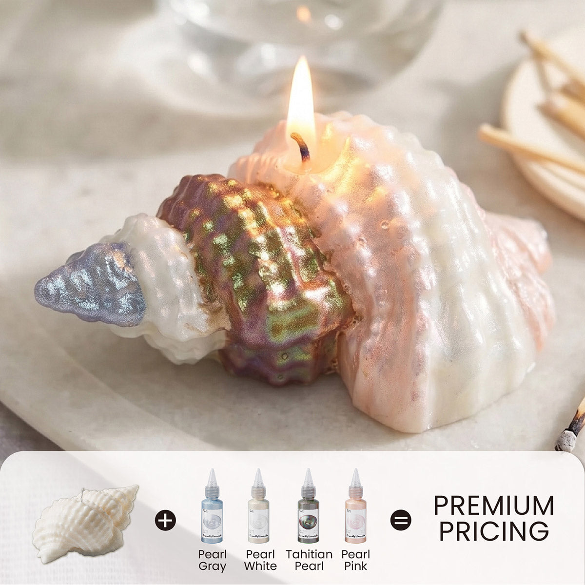Iridescent Finished Conch Shell Candle Made with Pearl Gloss Varnish - Boowan Nicole