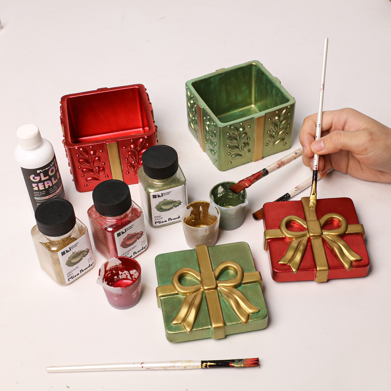DIY painting and decorating finished Holiday Gift Box Candle Jar crafts using mica powder pigments, brushes and gloss sealer supplies - Boowan Nicole