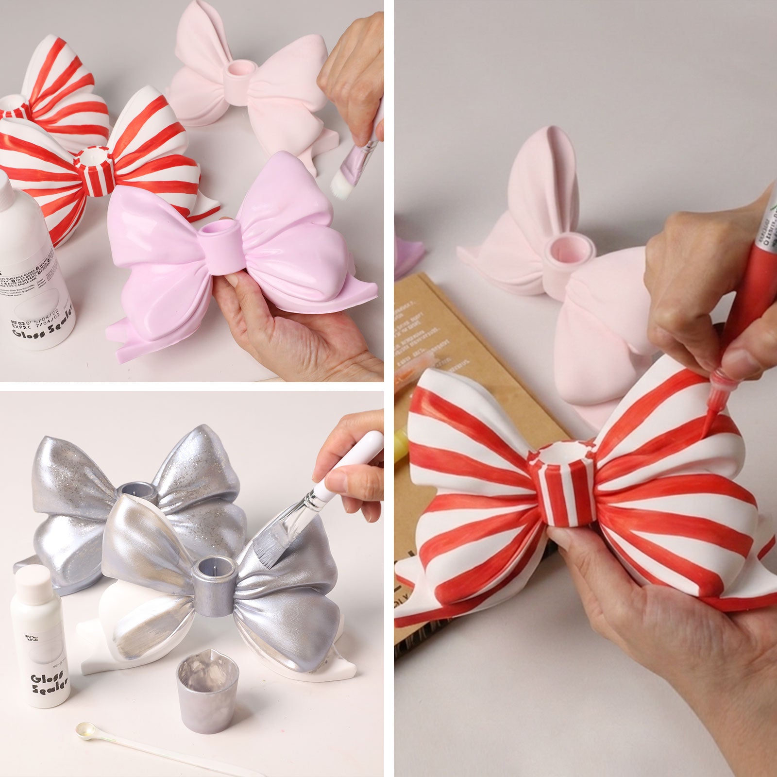 DIY painting bow taper candle holders with acrylic paint and sealing varnish - Boowan Nicole