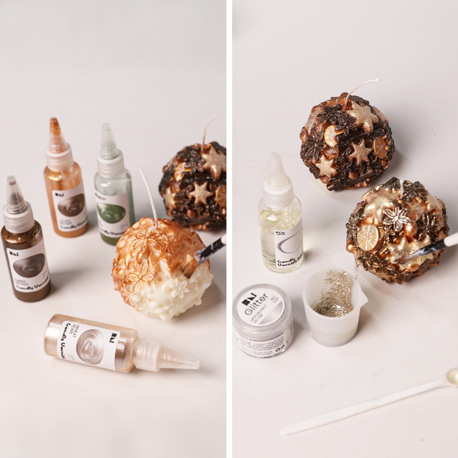 Hand painting and decorating embossed sphere candles with metallic candle varnish and glitter powder - Boowan Nicole