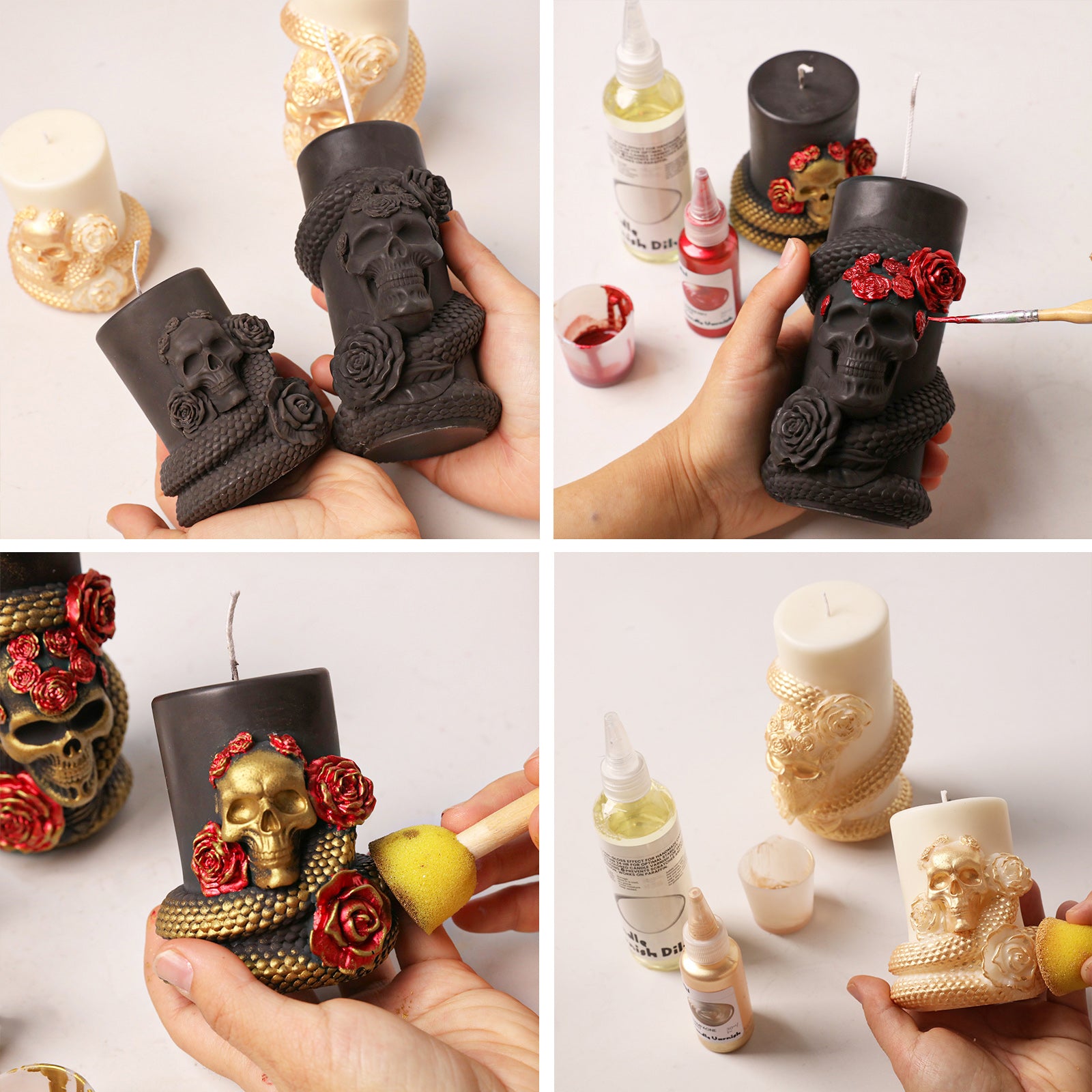 Four-grid handmade collage: blank Venom & Roses candle blanks, hand painting red rose and gold metallic highlight details craft process - Boowan Nicole