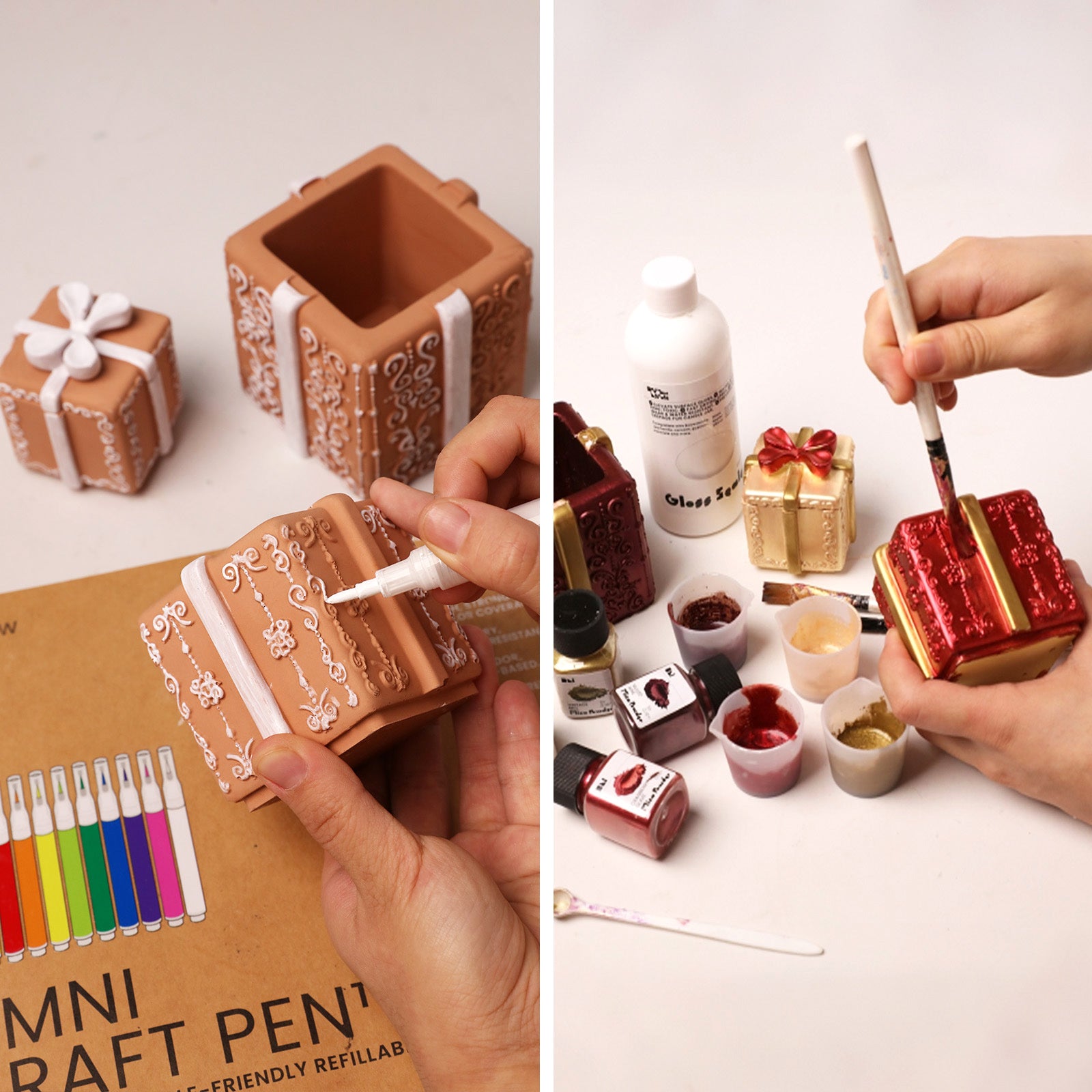 Hand painting and detailing stacked Christmas gift box candle jars with craft paints and markers - Boowan Nicole