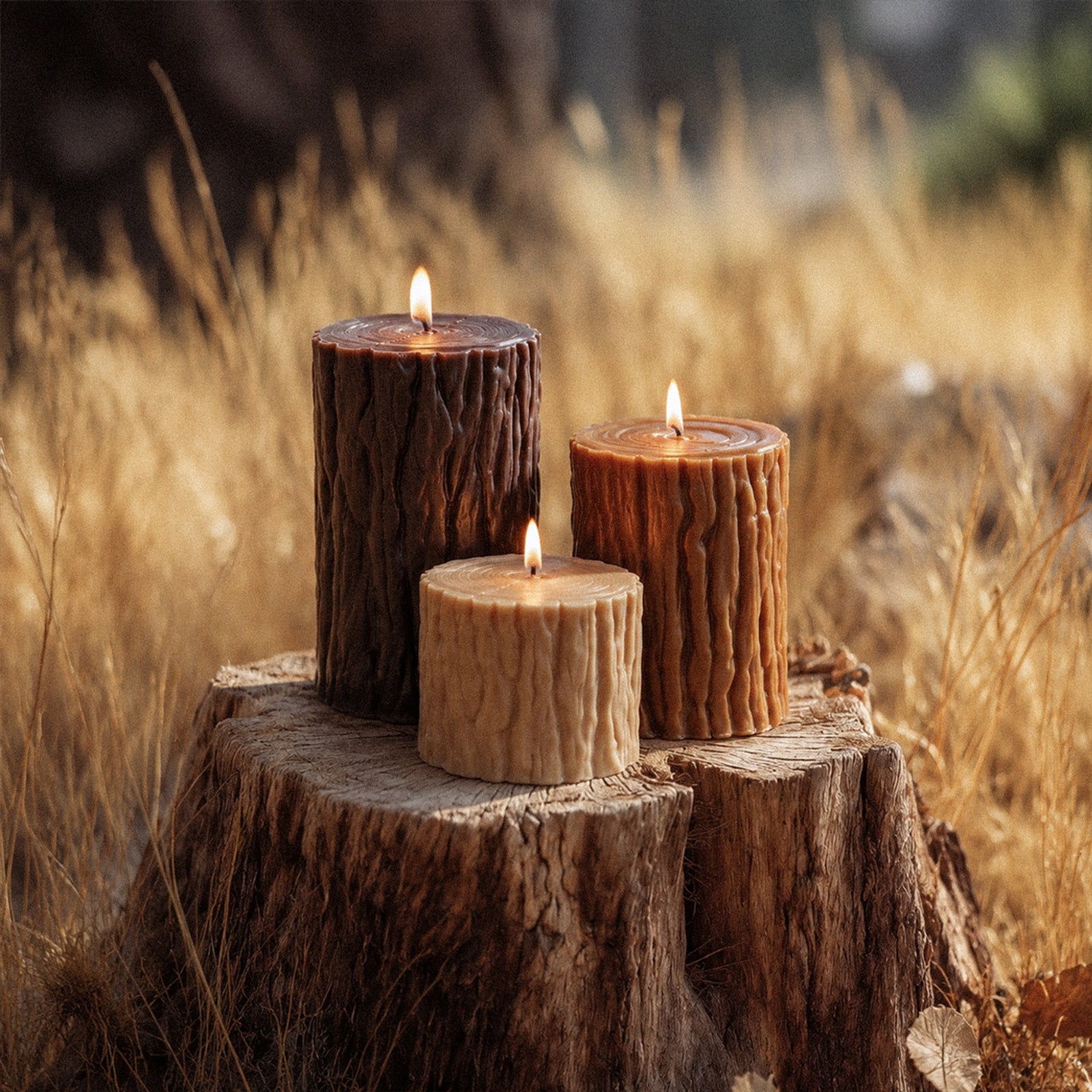 Three lit tree stump pillar candles stacked on natural wood stump, golden wild grass woodland background - Boowan Nicole