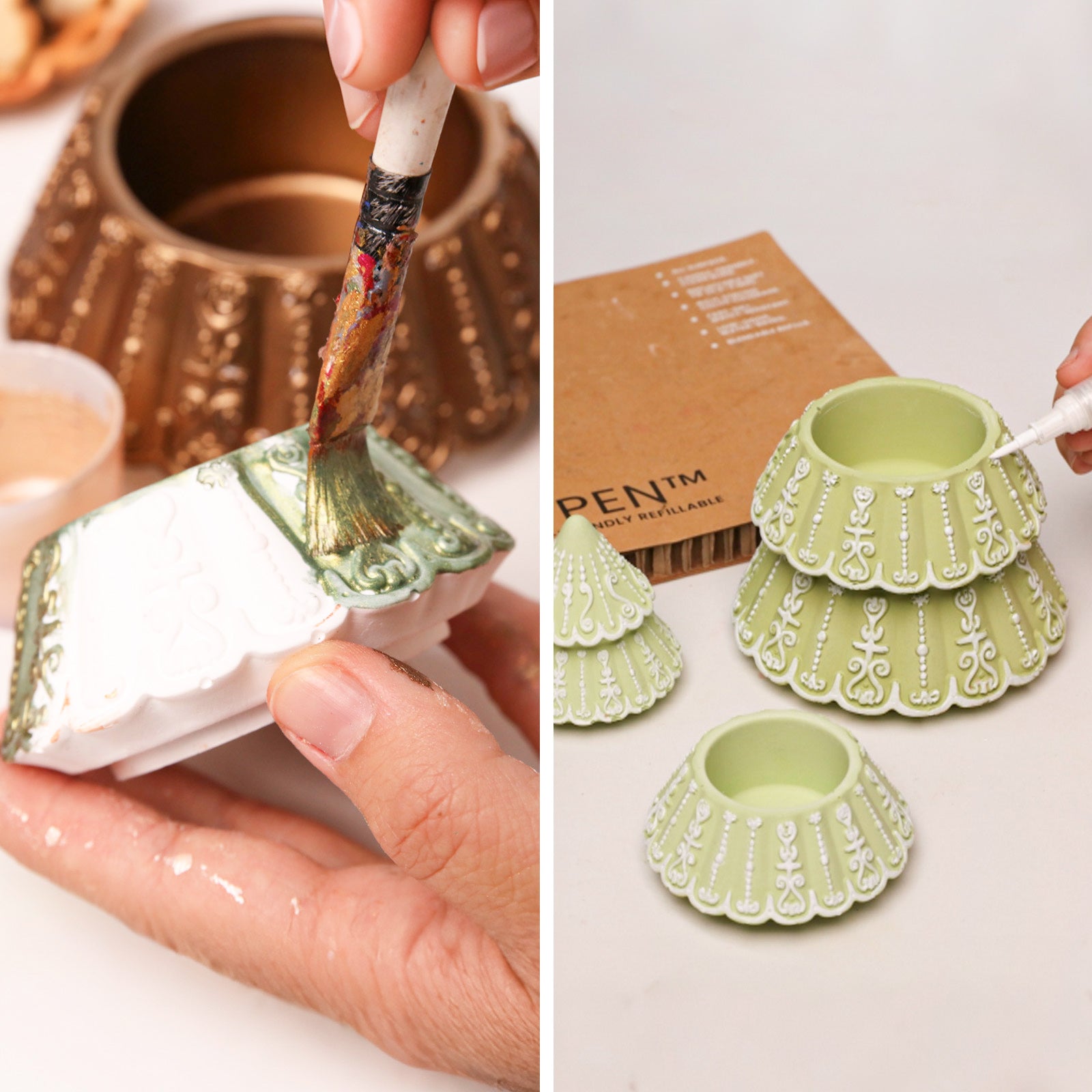 Hand‑painting and detail decorating on finished stacked Christmas tree candle jar crafts - Boowan Nicole