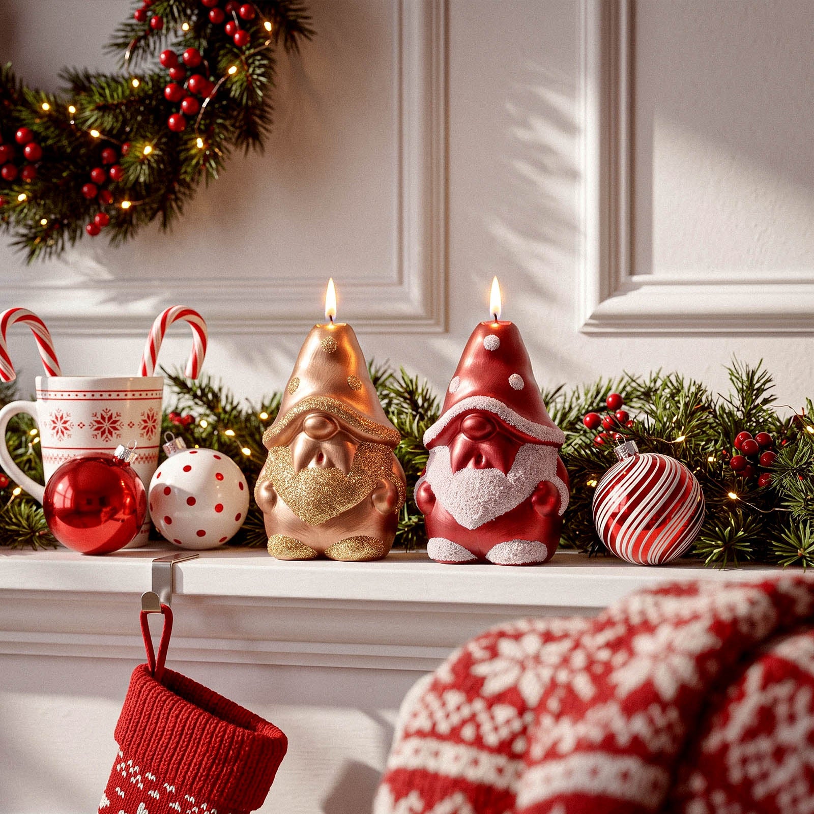 Two lit metallic gnome candles displayed on festive Christmas mantel with holiday ornaments - Boowan Nicole