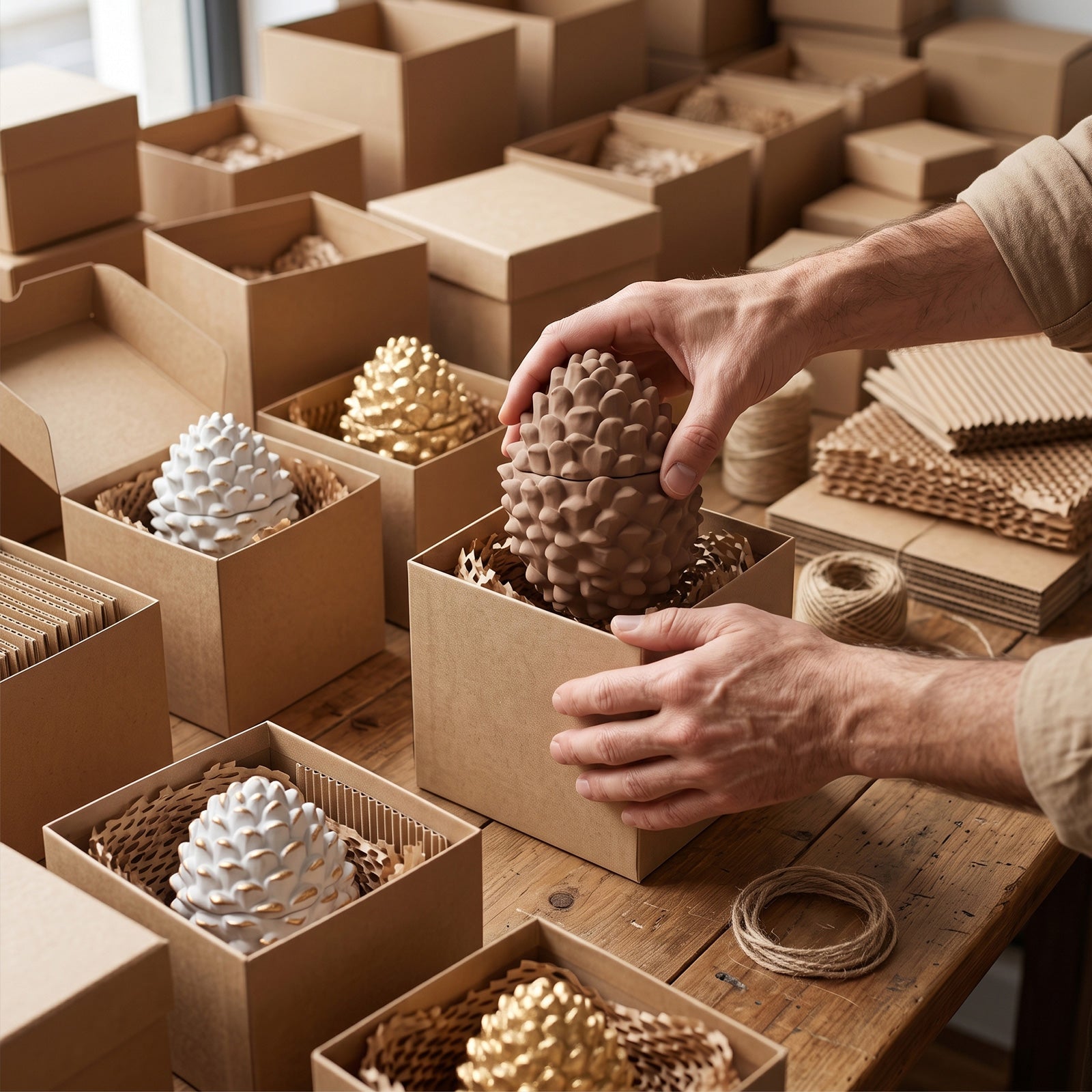 Workshop packaging scene: placing matte brown Little Woodland Pinecone lidded candle jar into kraft gift box bulk handmade seasonal order shot - Boowan Nicole