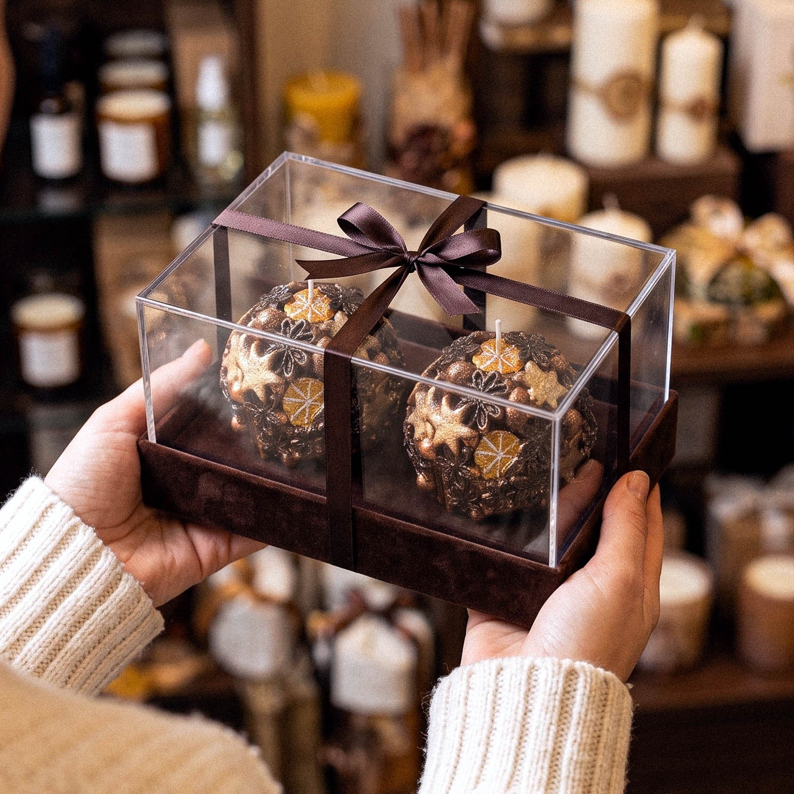 Hands holding luxury transparent gift box containing two finished decorative spherical Christmas candles - Boowan Nicole