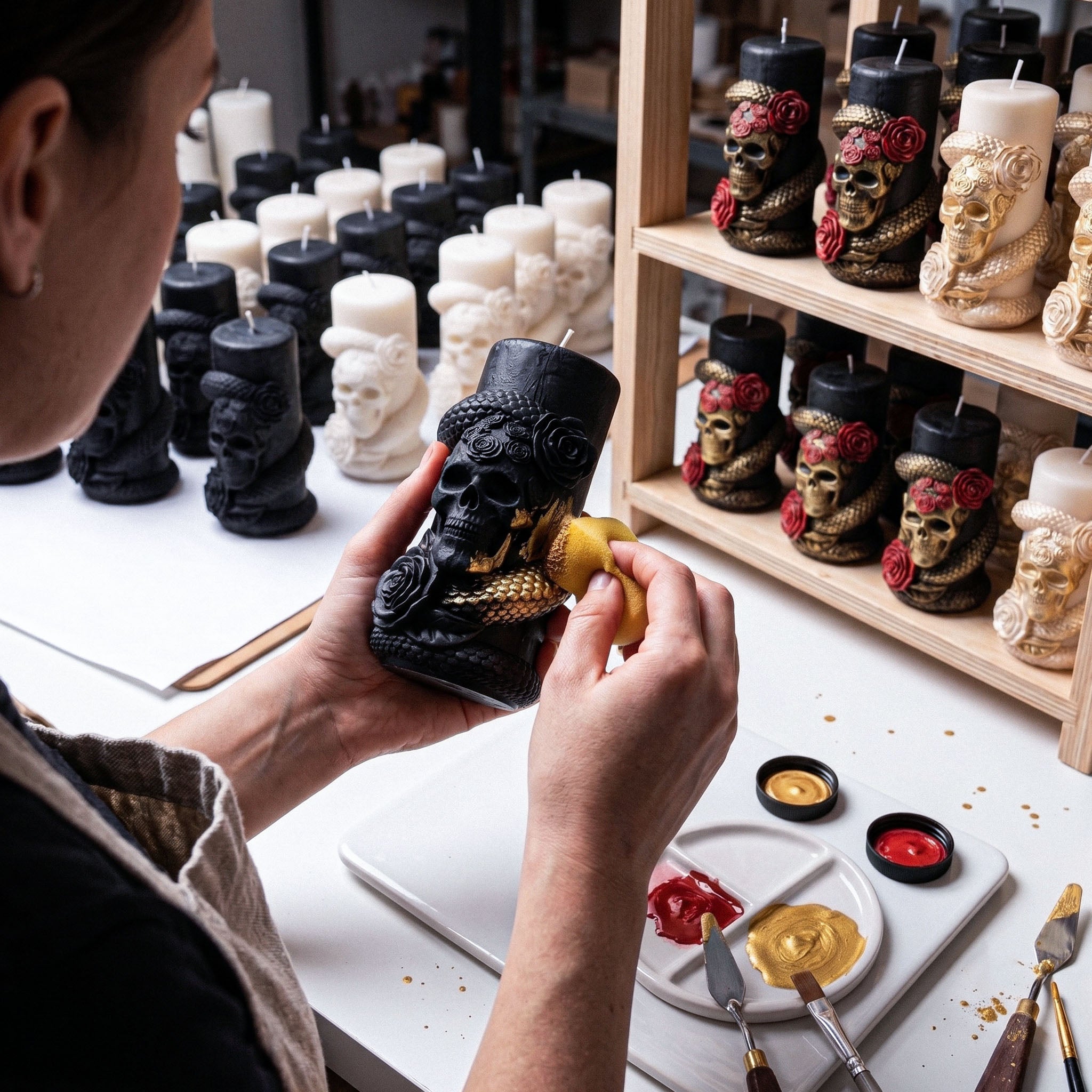 Crafter applying gold paint accents on Venom & Roses skull snake candles, workshop shelf filled with unfinished candle blanks - Boowan Nicole