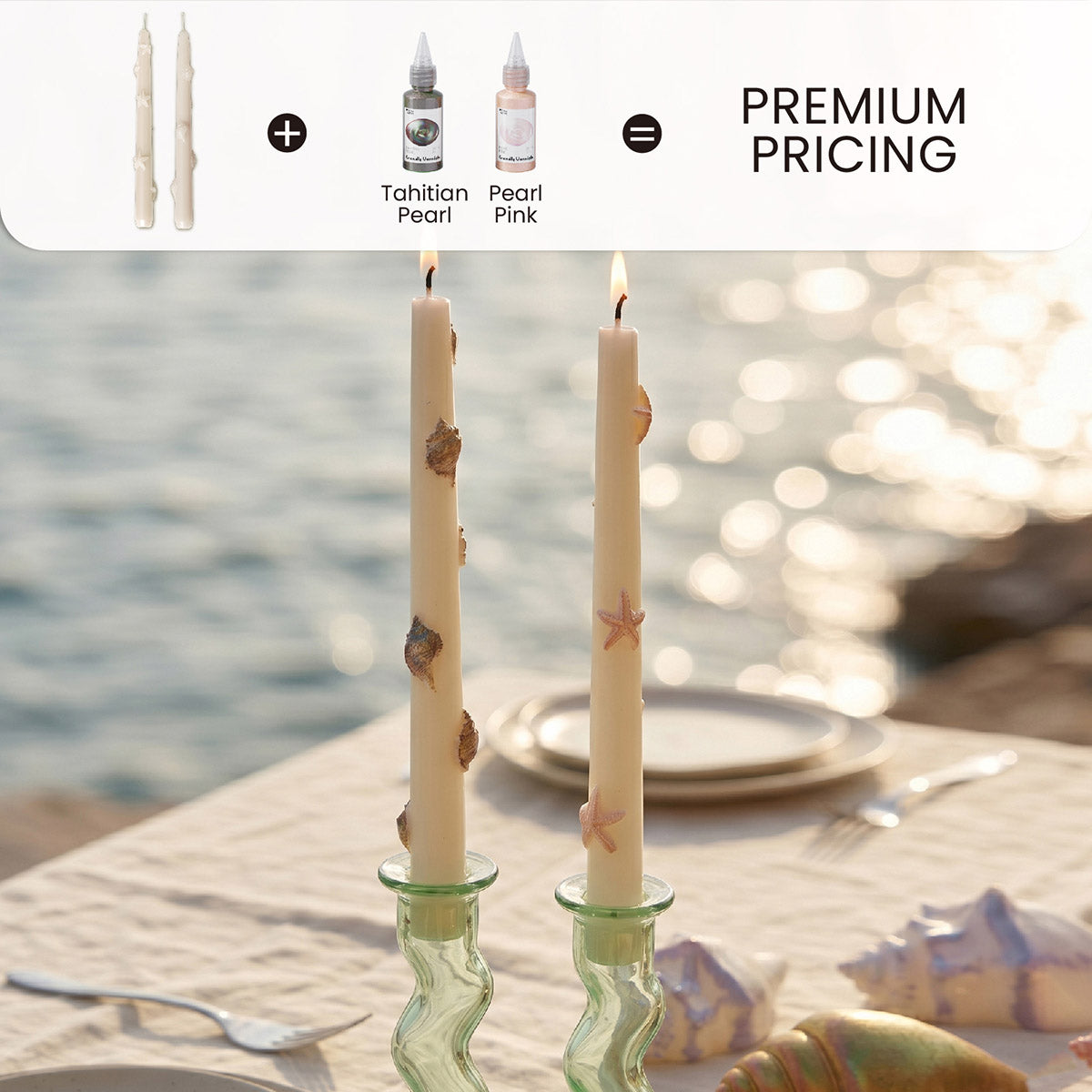 Beach Outdoor Table Decor with Starfish Embossed Taper Candles Treated by Pearl Candle Varnish - Boowan Nicole