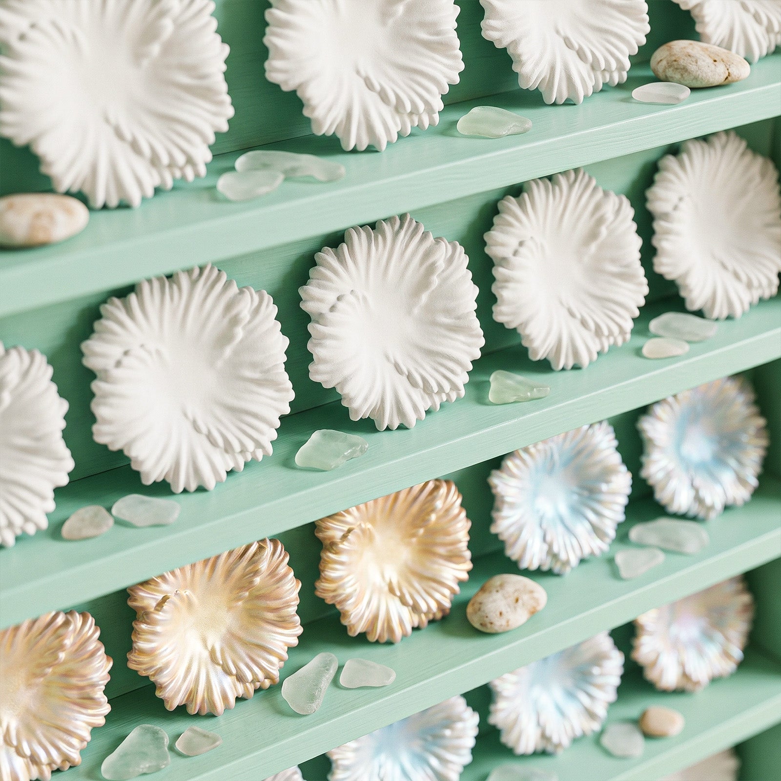 Finished Ocean Wave Serenity Trays in various colors displayed on shelves - Boowan Nicole