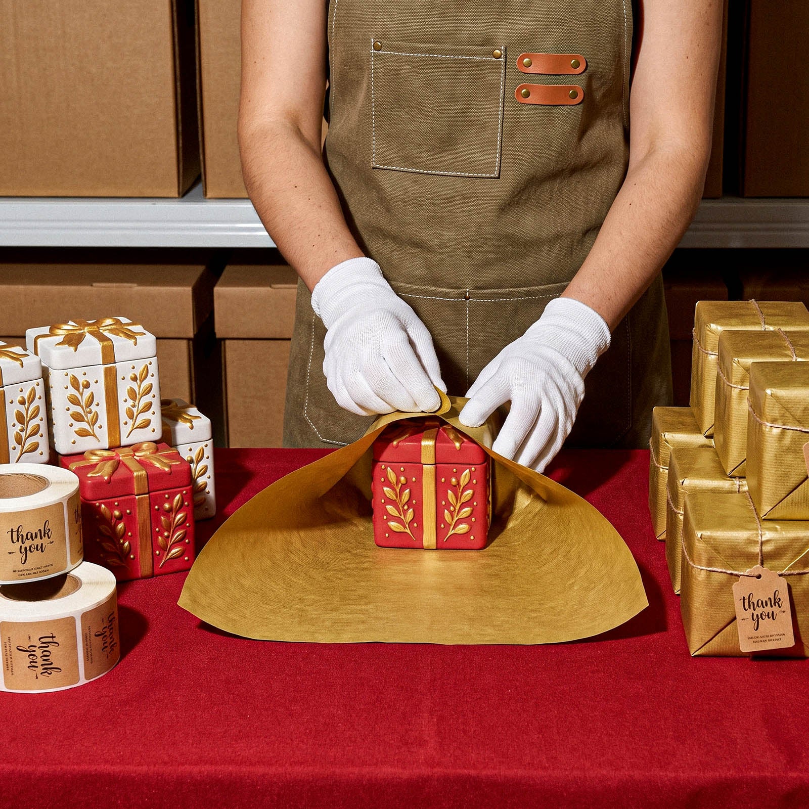 Artisan gift‑wrapping finished Holiday Gift Box Candle Jar products with gold tissue paper for small‑batch holiday retail - Boowan Nicole
