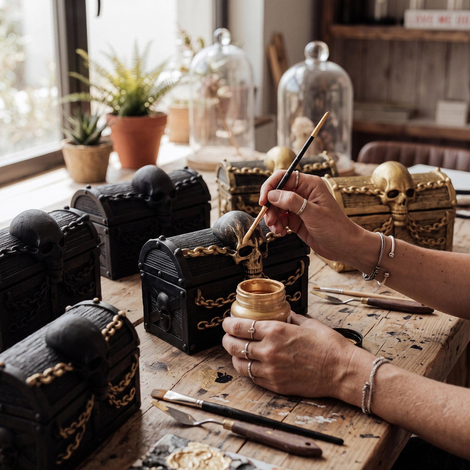 Crafter applying golden paint onto handmade skull treasure chest candle jars in bright workshop - Boowan Nicole