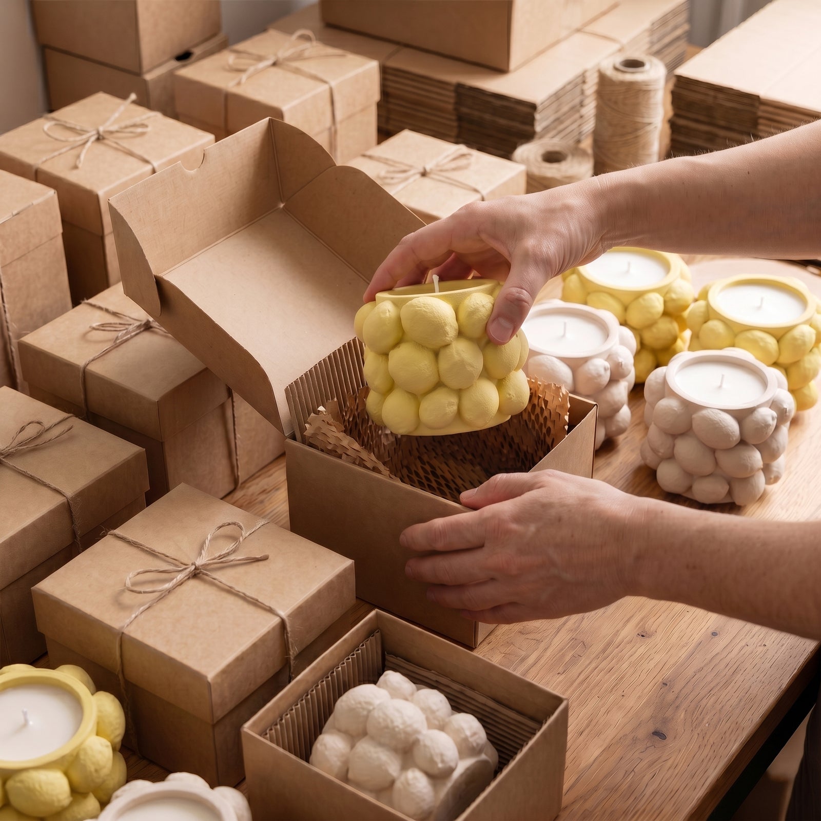 Packing handmade Lemon Drops candle jars into kraft gift boxes for sale - Boowan Nicole