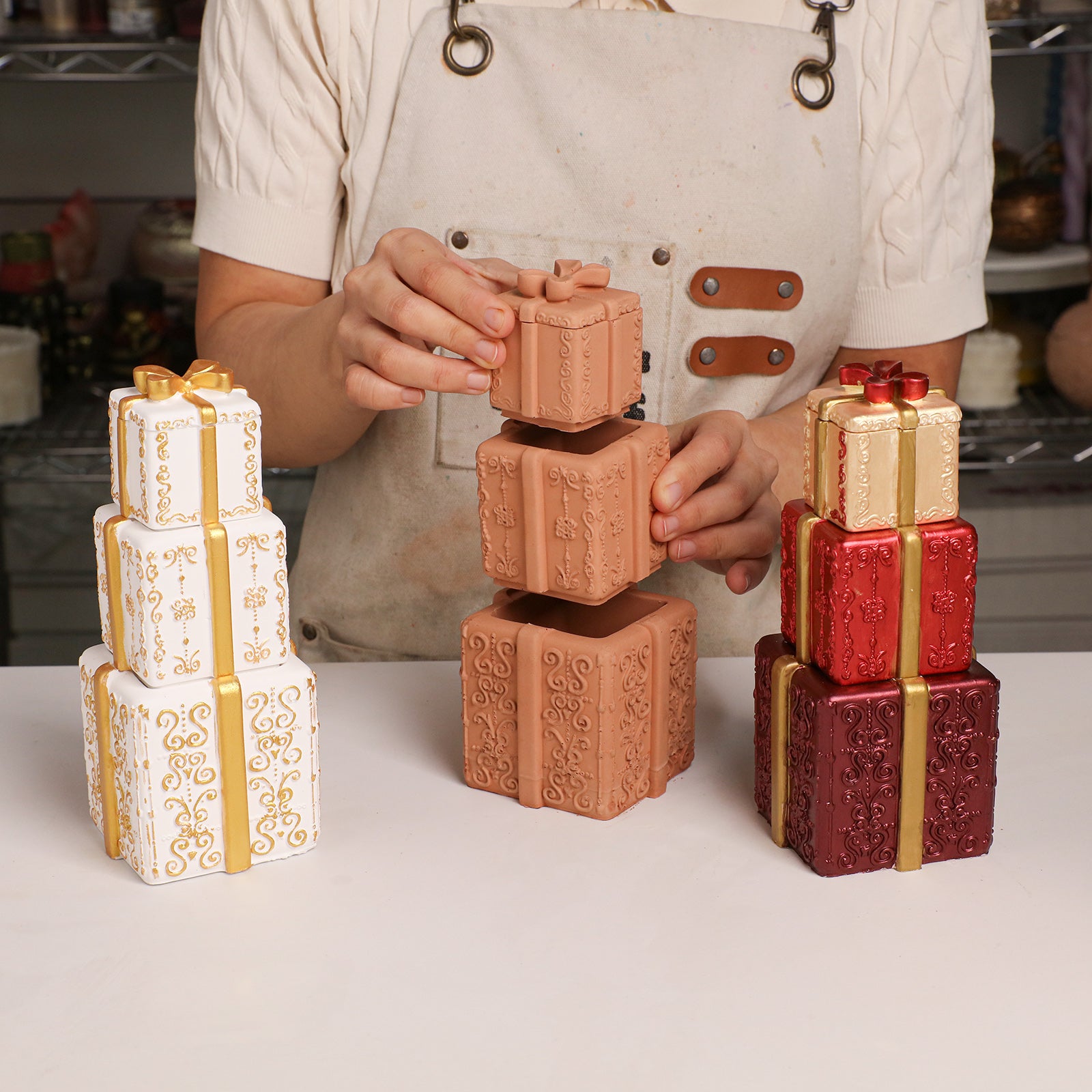 Assemble three-tier stacked gift box candle jars in multiple classic Christmas colorways - Boowan Nicole