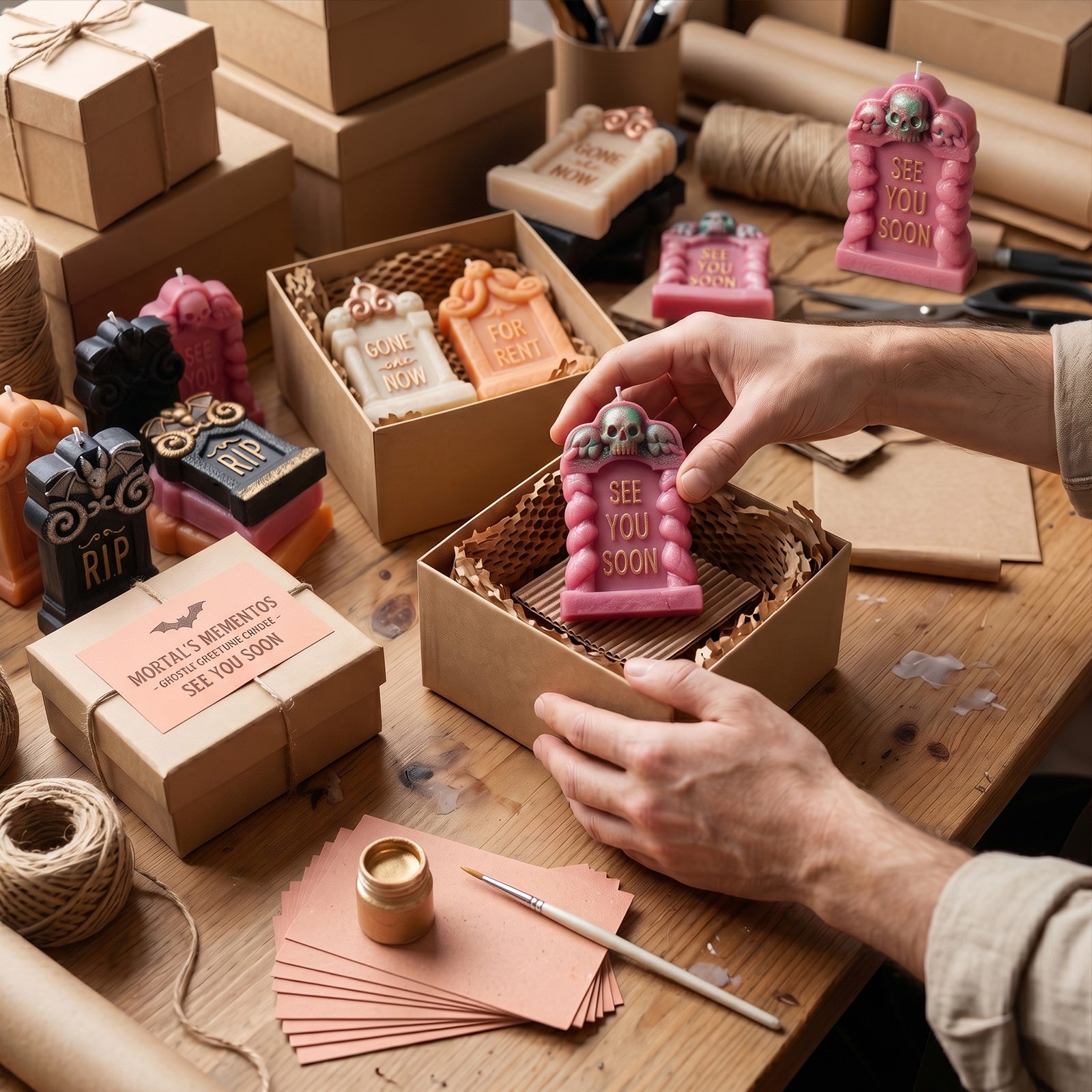 Workshop packaging scene: placing pastel tombstone candle into kraft gift box bulk handmade Halloween candle order shot - Boowan Nicole