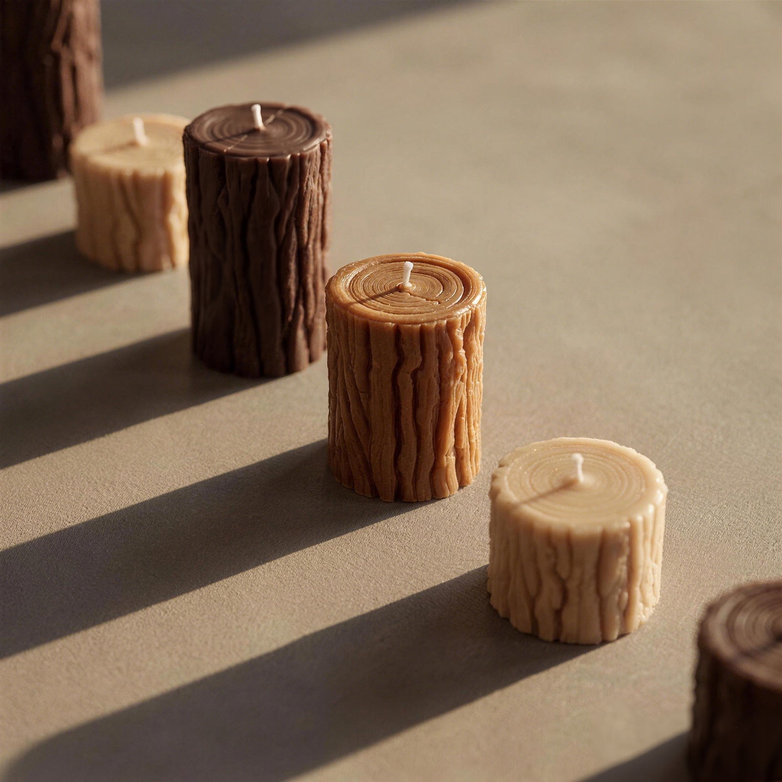 Multiple sizes of natural tree stump pillar candles with authentic bark and tree ring texture, soft warm shadow studio shot - Boowan Nicole