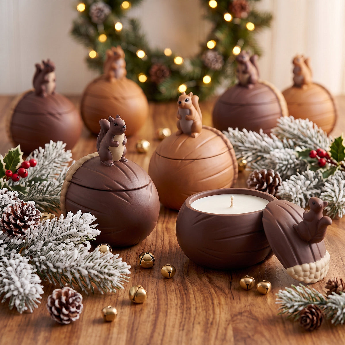 Collection of squirrel nut candle jars on wooden table, frosted pine sprigs, pinecones and golden bells for winter Christmas decor - Boowan Nicole