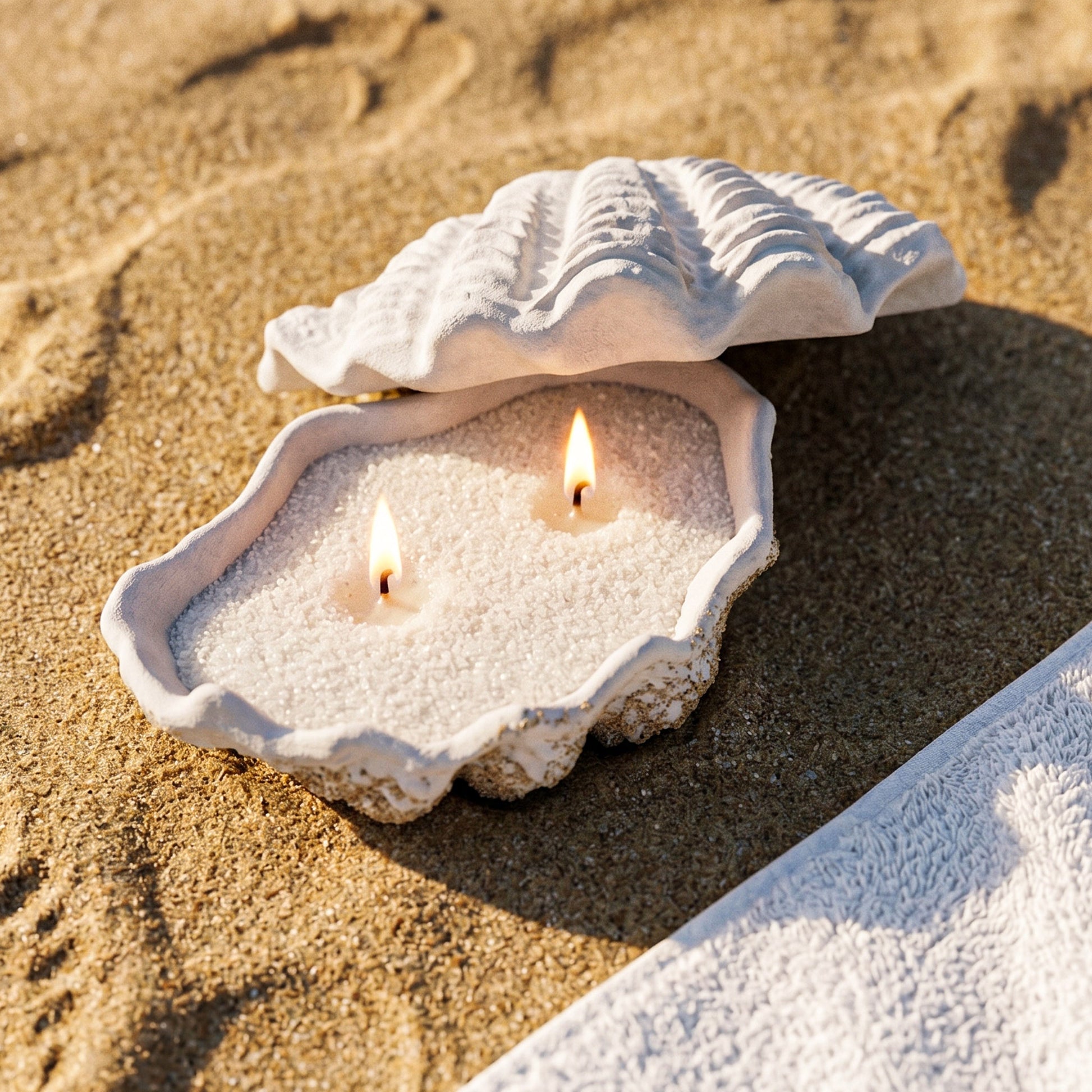 Giant Clam Shell Candle Holder with Pearl Sand Wax - Beachy Burning Effect on Sand - Boowan Nicole