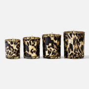 Four Sizes Black Gold Abstract Leopard Spot Print Gold Speckled Inner Metallic Glass Candle Jars on Plain White Background - Boowan Nicole