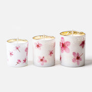 Three Sizes Pink Cherry Blossom Print Gold Speckled Inner Frosted White Glass Candle Jars on Plain White Background - Boowan Nicole