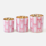 Three Sizes Pink White Vertical Stripe & Red Bow Print Gold Speckled Inner Frosted Glass Candle Jars on Plain White Background - Boowan Nicole