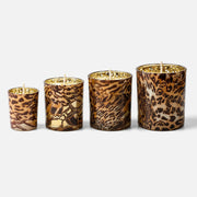 Four Sizes Mixed Leopard & Zebra Animal Print Gold Speckled Inner Gloss Glass Candle Jars on Plain White Background - Boowan Nicole