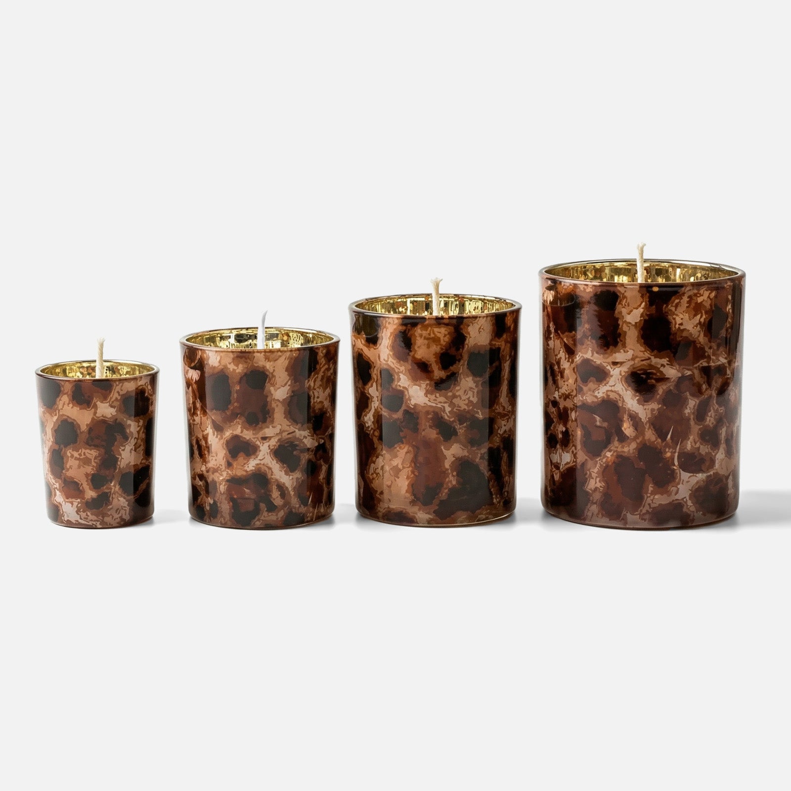 Four Sizes Vintage Tortoise Leopard Print Gold Speckled Inner Glossy Glass Candle Jars on Plain White Background - Boowan Nicole